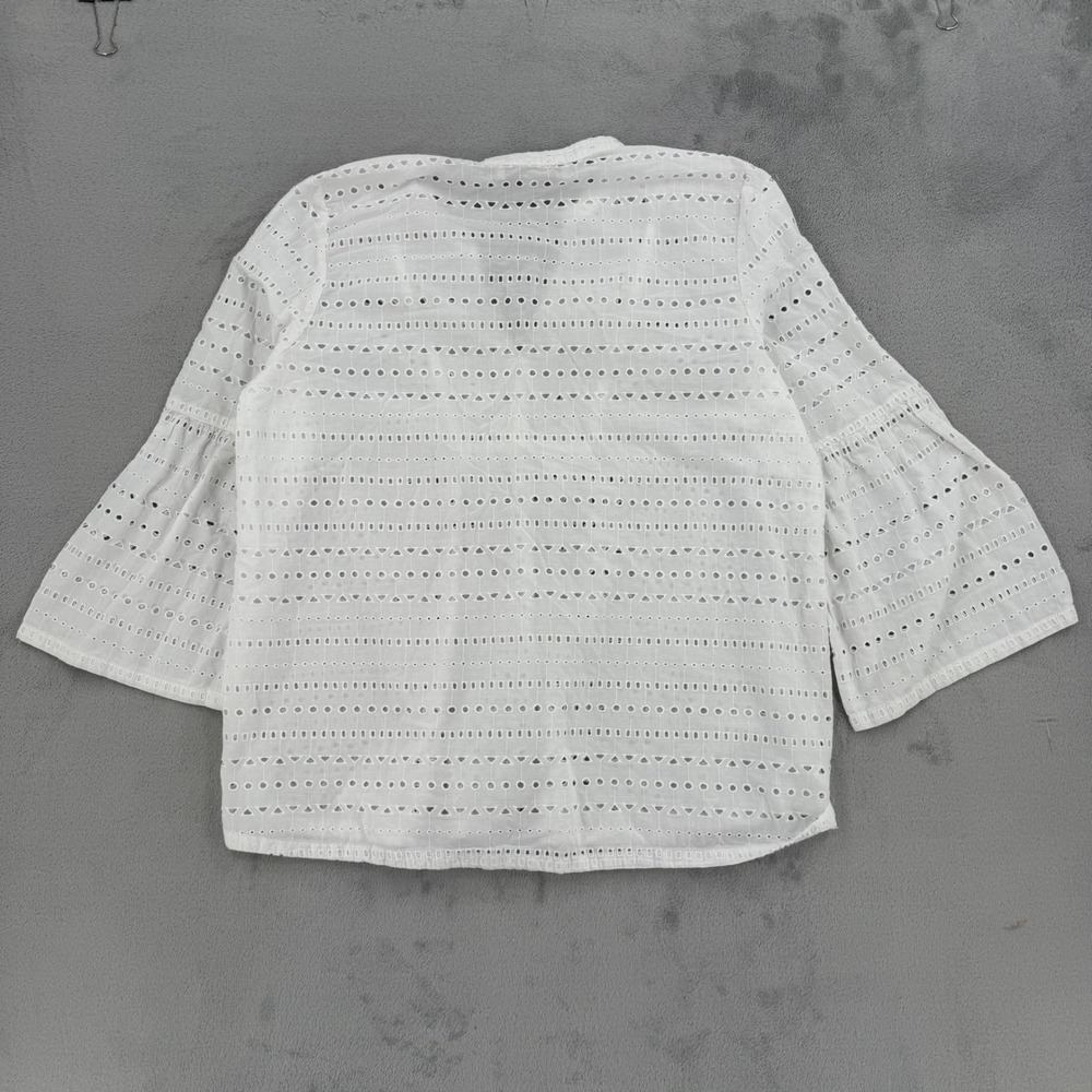 LOFT Blouse Top Womens Size M White Eyelet Cotton Split Neck Tiered Bell Sleeve - Picture 4 of 11
